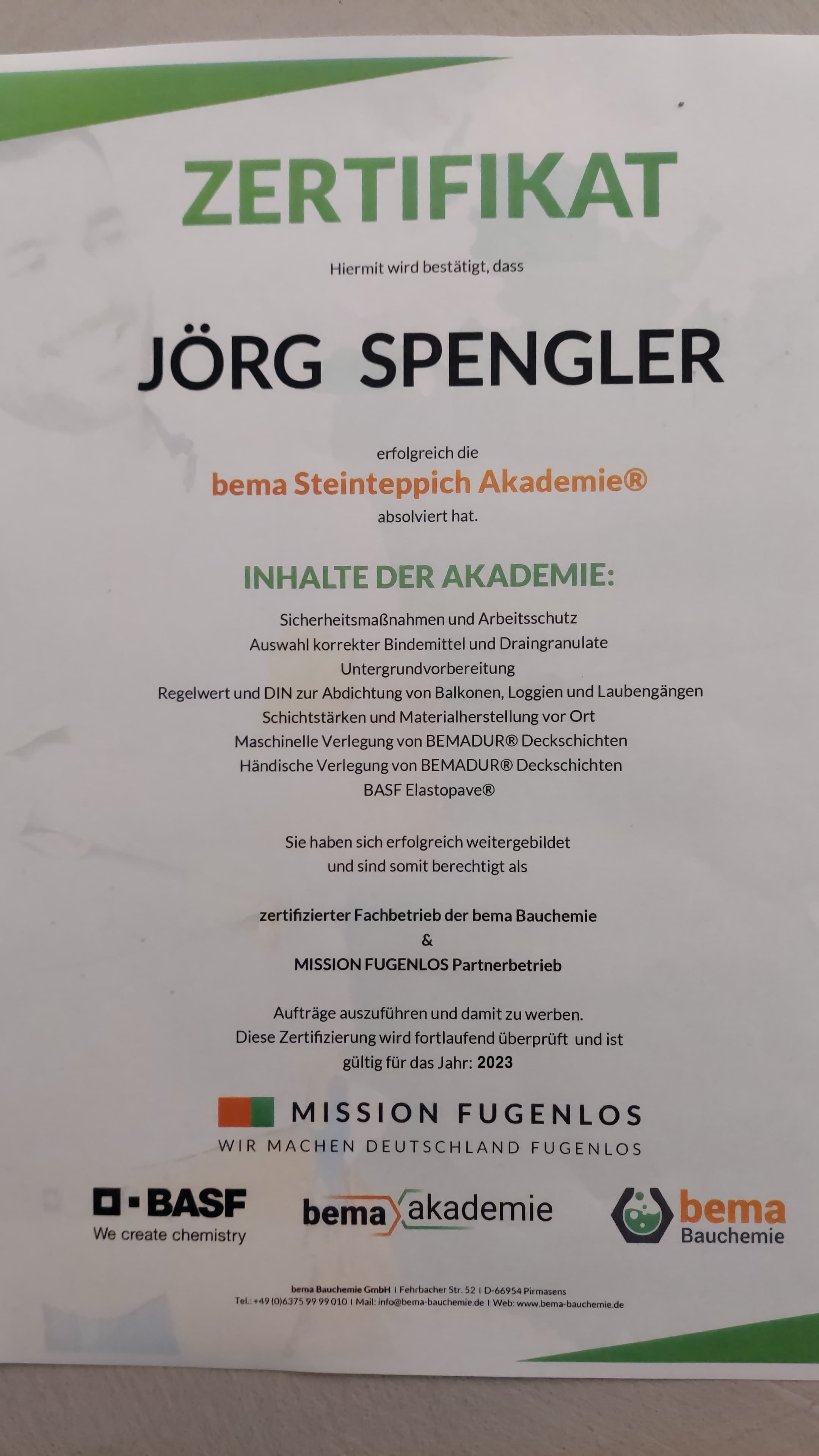 Steinteppich Zertifizierung 2023